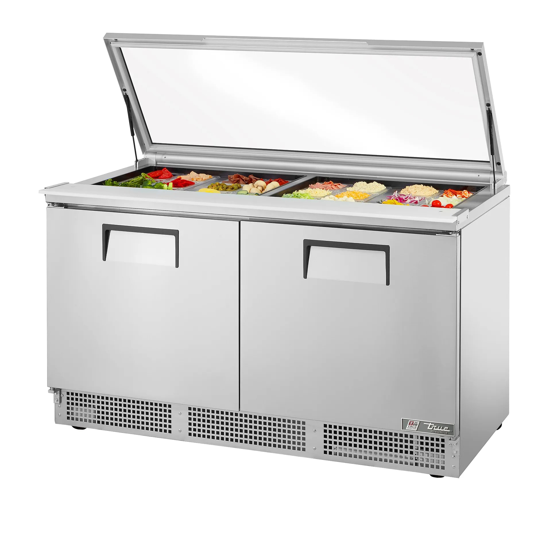 True TFP-64-24M-FGLID 64" Mega Top-Hinged Glass Lid Food Prep Table With Two Door Refrigerated Base