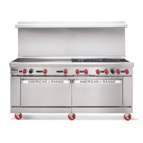 American Range AR-24G-8B-DSB 72" Griddle Range with (8) Open Burners and (2) Cabinet Bases, LP Gas