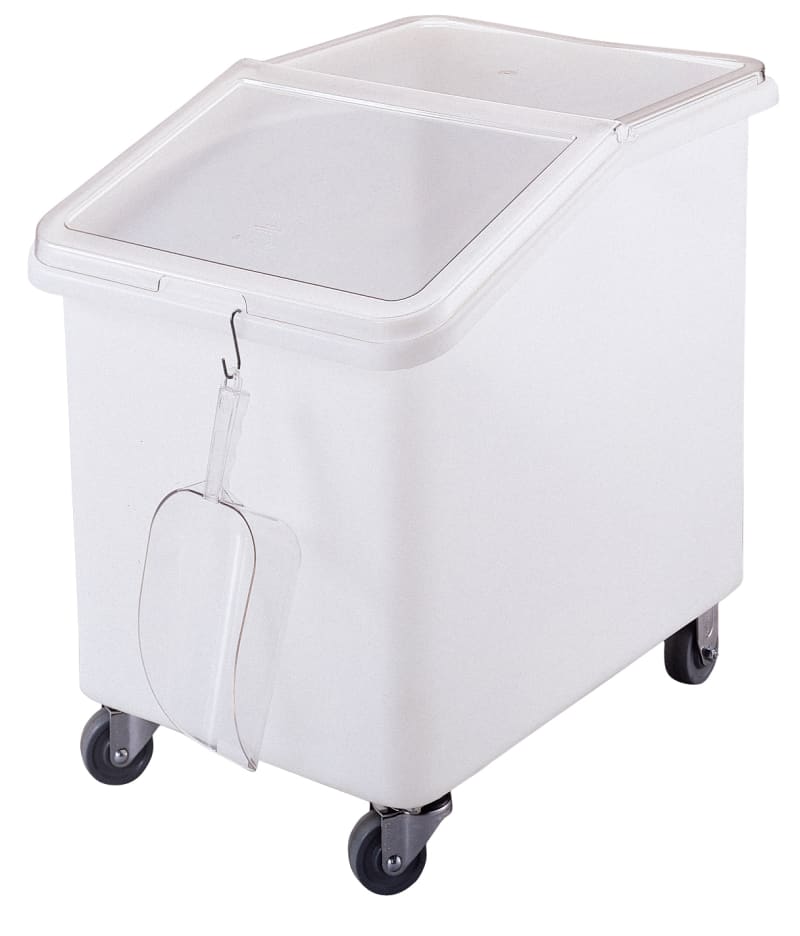 Cambro IBS37148 37 Gallon/590 Cup White Slant Top Mobile Ingredient Storage Bin with 2-Piece Sliding Lid & S-Hook