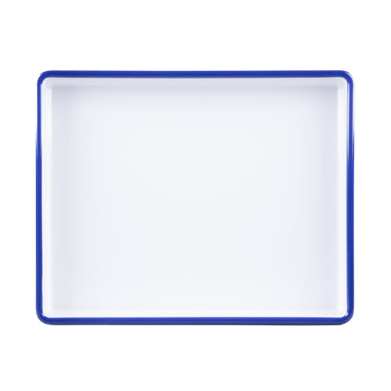 Cal-Mil 3465-15 Enamelware 15" x 12" White with Blue Rim Deep Rectangular Melamine Tray