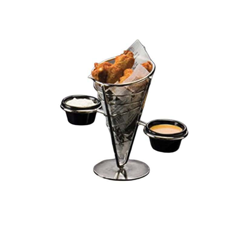 American Metalcraft SS92 5" x 9" Conical Stainless Steel Ironworks French Fry Basket with (2) 3 oz. Ramekins