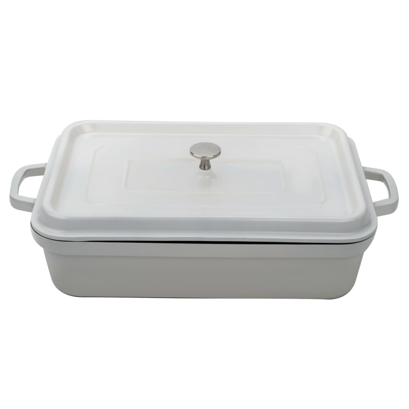 G.E.T. Enterprises CA-017-AWH/BK/CC Heiss 7-1/2 Qt. Rectangular Antique White with Black Interior Cast Aluminum Induction Ready Roaster with Lid