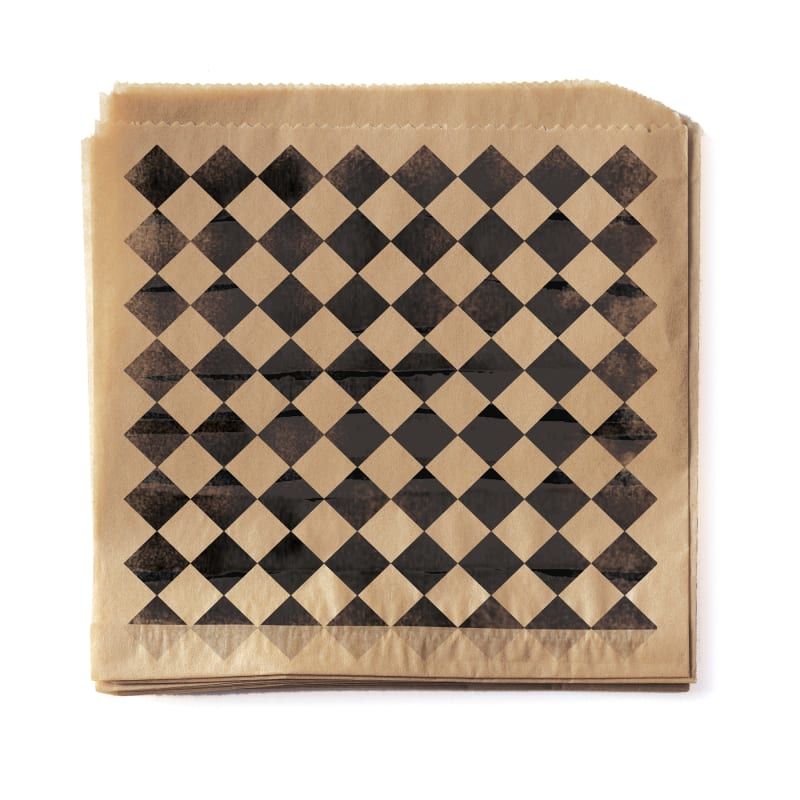 Clipper Mill by G.E.T. P-BKC-77-BR 7" x 7" Food-Safe Double-Open Bag / Wire Cone Basket Liner / Rustic Black Checker on Brown Paper, 2000 pieces./cs.
