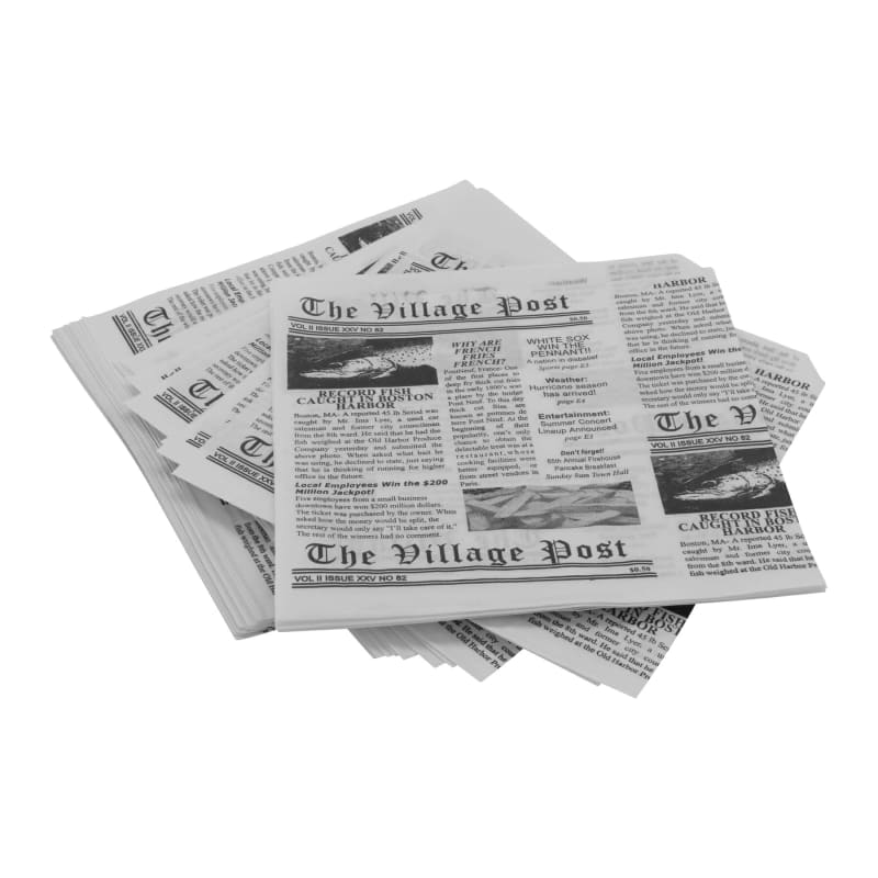 Clipper Mill by G.E.T. Enterprises 4-T3000 7" x 7" Food-Safe Double-Open Bag / Wire Cone Basket Liner / Deli Wrap, Village Post Newsprint White, 2000 pieces./cs.