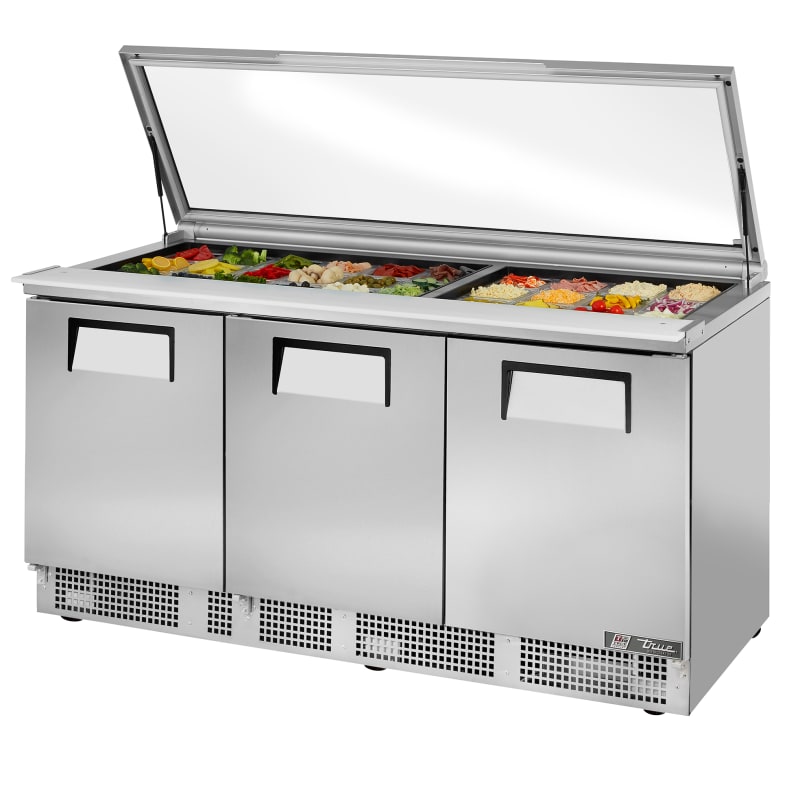 True TFP-72-30M-FGLID-HC 72" Food Prep Table With Flat Glass Lid And Three Solid Door Refrigerated Base