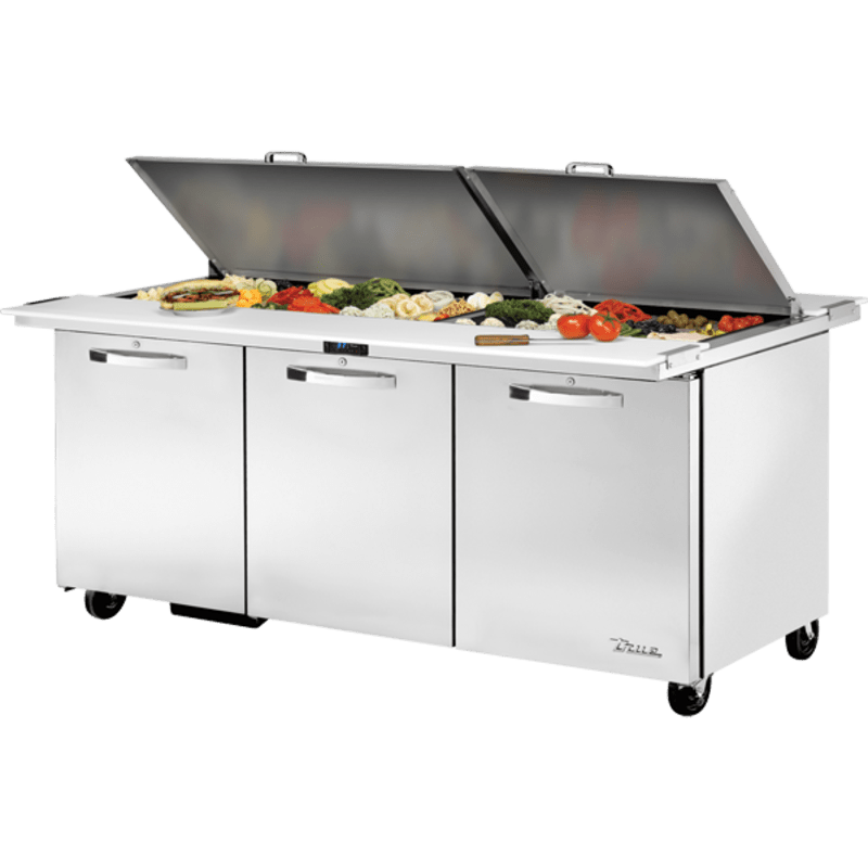 True TSSU-72-30M-B-DS-ST-HC~SPEC3 72" Spec3 Series Dual Sided Mega-Top 2 Solid Door Sandwich/Salad Unit, Silver