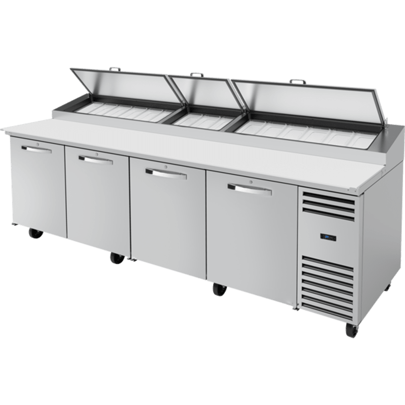 True TPP-AT-119-HC~SPEC3 119.25'' 4 Door Counter Height Refrigerated Pizza Prep Table, Silver