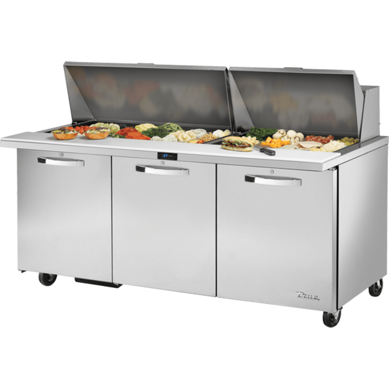 True TSSU-72-30M-B-ST-HC~SPEC3 72" Mega-Top Sandwich/Salad Prep Table With Three Solid Door Refrigerated Base