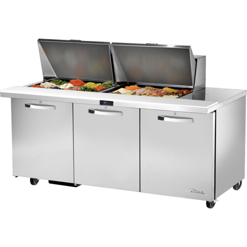 True TSSU-72-24M-B-ST-HC~SPEC3  72" Mega Top Sandwich/Salad Prep Table With Three Solid Door Refrigerated Base