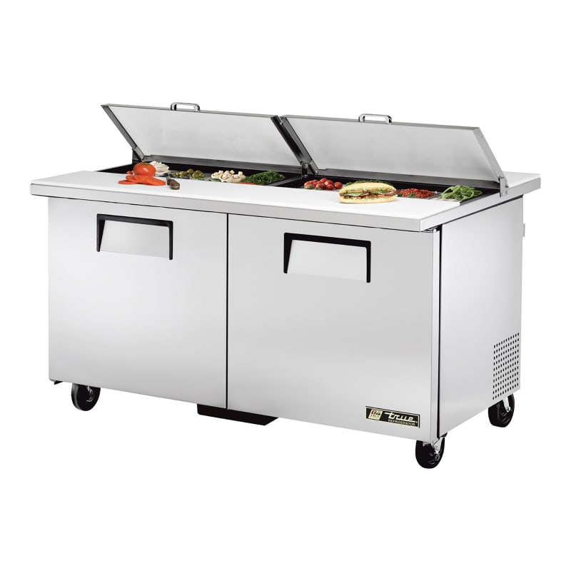 True TSSU-60-16-DS-ST-HC 60" Dual Side Sandwich/Salad Prep Table With Two Solid Door Refrigerated Base