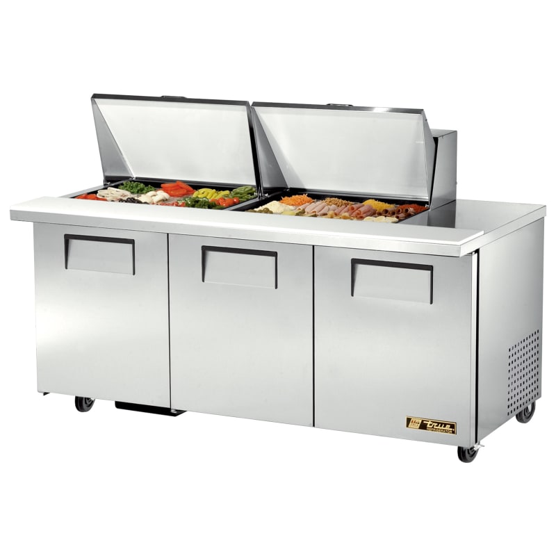 True TSSU-72-24M-B-ST-HC 72" Mega Top Sandwich/Salad Prep Table With Three Solid Door Refrigerated Base