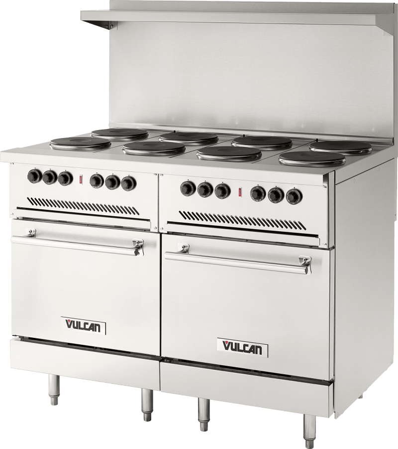 Vulcan EV48SS-8FP240 48" French Plate Range with (8) Burners and (2) Standard Ovens, 240V, Three Phase
