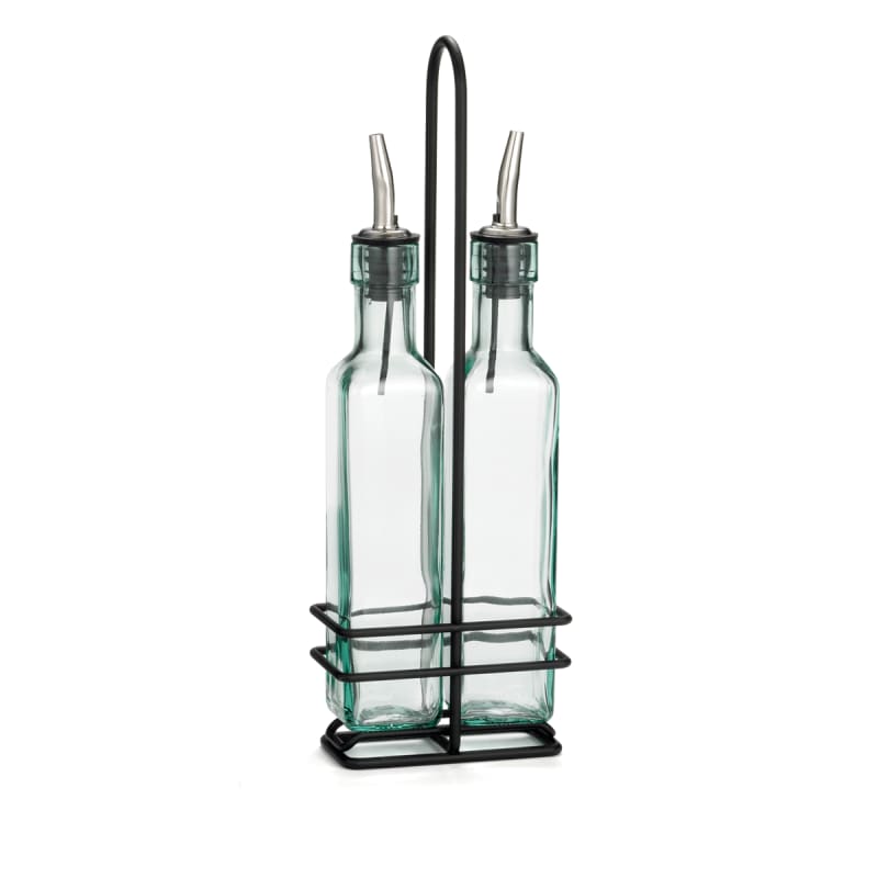 TableCraft H9085NBK Prima Collection Cruet Set Black Powder Coated Includes 2 Oil & Vinegar Bottles & Rack 8.5 Oz
