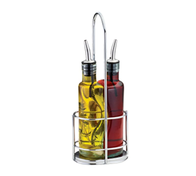 TableCraft H918N Gemelli Collection Cruet Set Chrome Plated Includes 2 Oil & Vinegar Bottles & Rack  8.5 Oz
