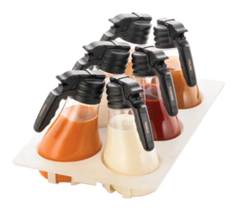TableCraft N481 NSF Option Salad Dressing Dispenser Set Includes 6 Dispensers White Tray & 10 Tags 48 Oz
