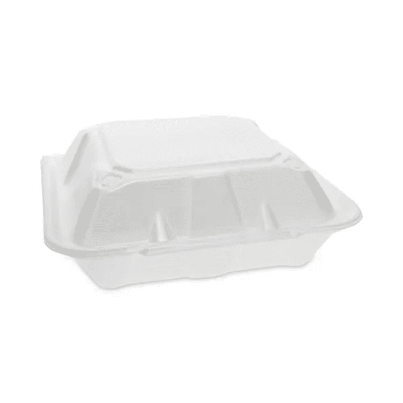 Pactiv Evergreen YTD199030000 Vented Foam Hinged Lid Container, Dual Tab Lock, 3-Compartment, 9.13 x 9 x 3.25, White, 150/Carton