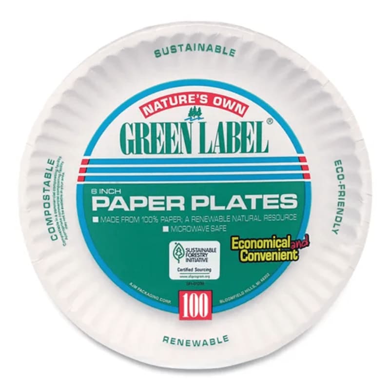 AJM Packaging Corporation PP6GREWH White Paper Plates, 6" dia, 100/Bag, 10 Bags/Carton
