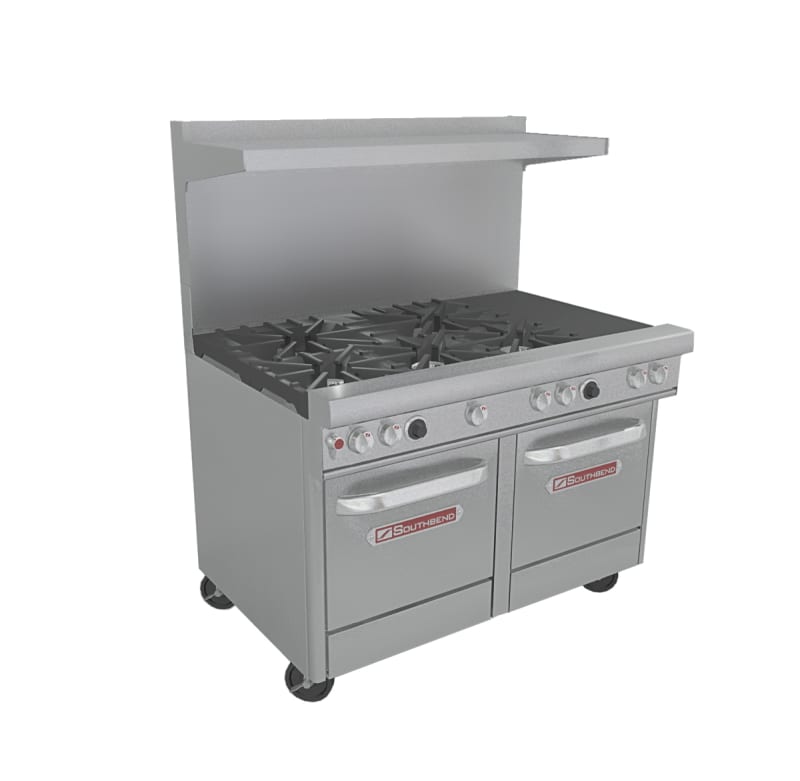 Southbend 4482EE-5L 48" Ultimate Range with Wavy Grates, (3) Front Left Open Burners, (2) Rear Left Pyromax Burners, (2) Right Open Burners, and (2) Space-Saver Ovens, Natural Gas