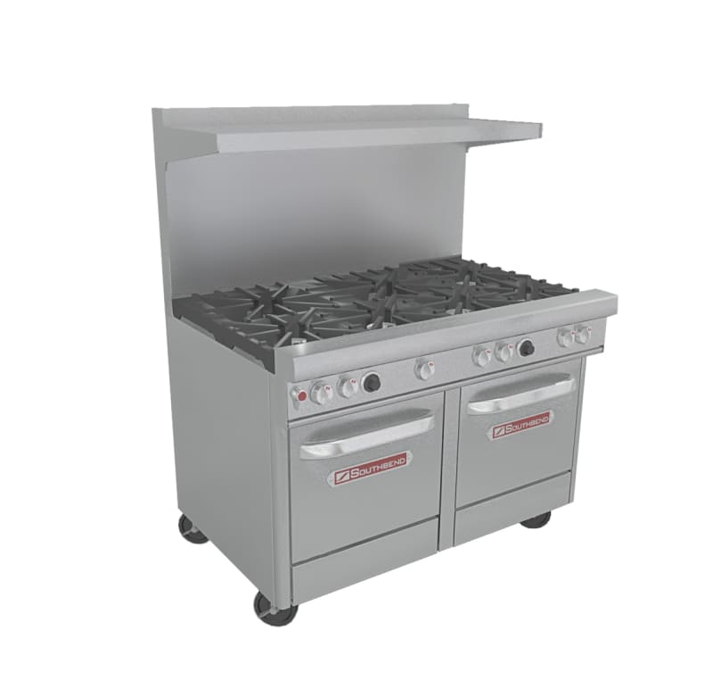 Southbend 4484EE-6R 48" Ultimate Range with Standard Grates, (3) Front Right Star/Sauté Burners, (2) Rear Right Pyromax Burners, (1) Front Left Star/Sauté Burner, (1) Rear Left Open Burner, and (2) Space-Saver Ovens, Natural Gas
