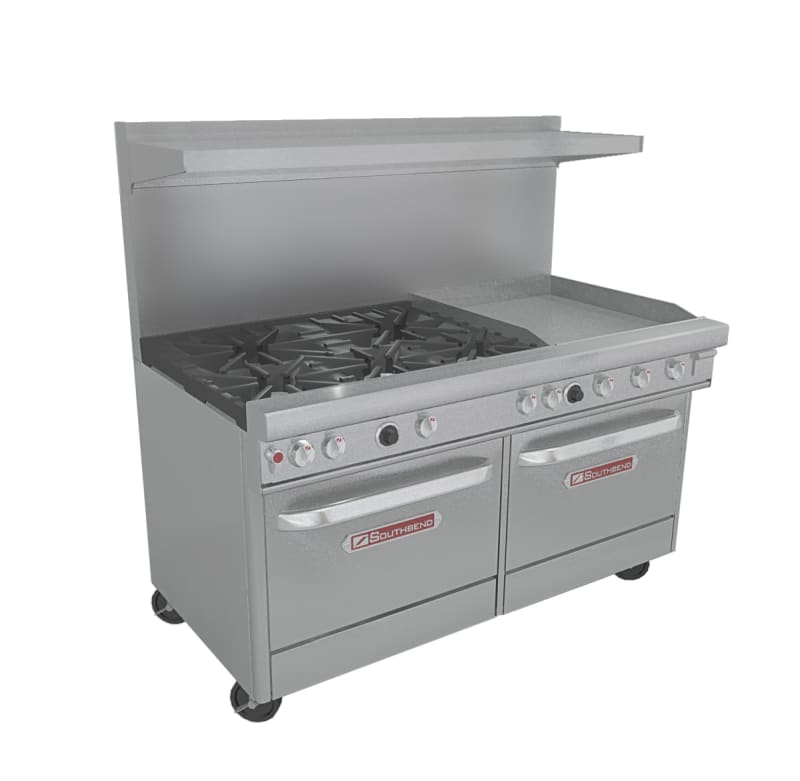 Southbend 4605AC-2TR 60" Ultimate Range with Standard Grates, (3) Front Open Burners, (2) Rear Pyromax Burners, Right-Hand Thermostatic Griddle, Convection Oven, and Cabinet Base, LP Gas