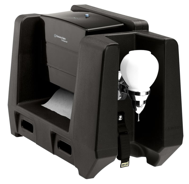 Cambro HWATD110 Camtainer Handwashing Station with Multi-Fold Paper Towel Holder and Soap Dispenser, Black
