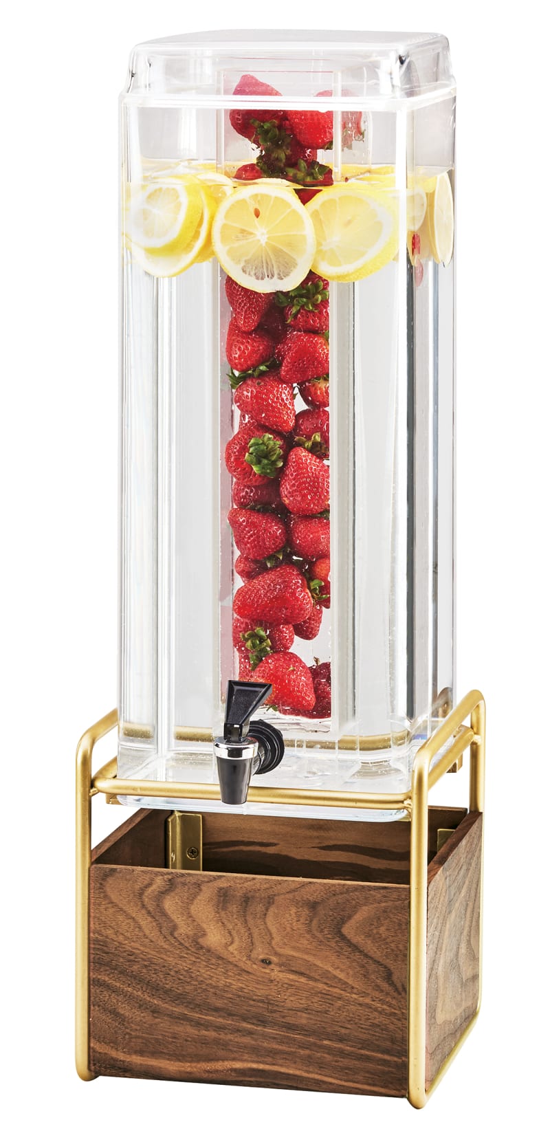 Cal-Mil 3703-3INF-46 Mid-Century 3 Gallon Square Beverage Dispenser With Walnut And Brass Base And Infusion Chamber