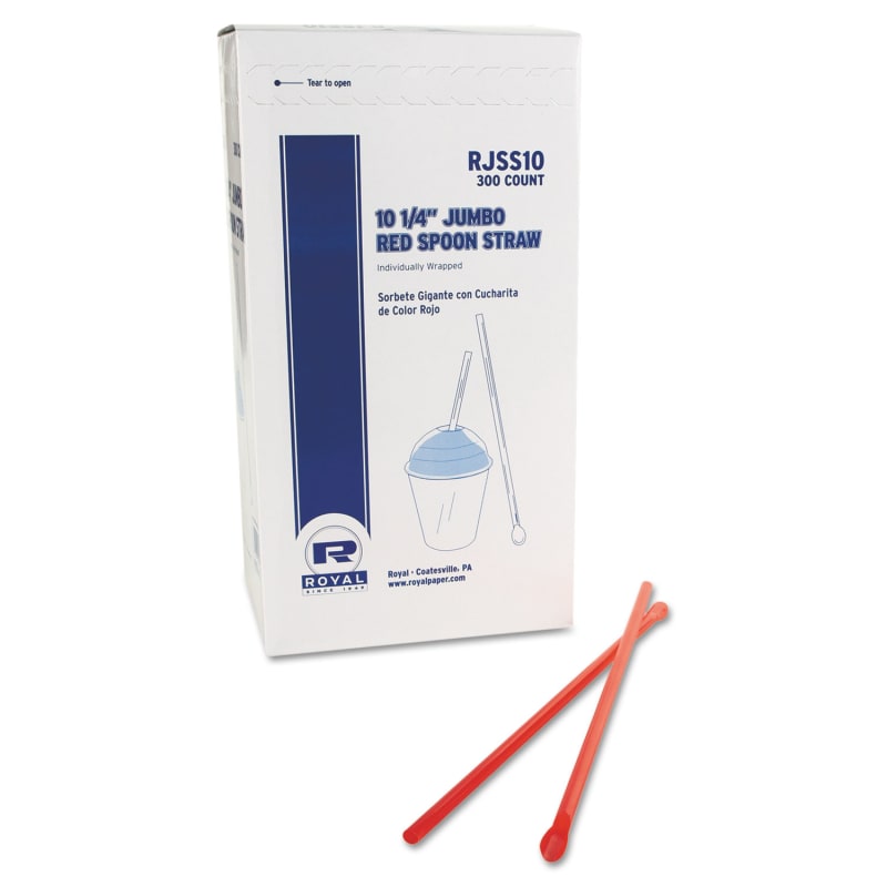 AmerCareRoyal RJSS10 Jumbo Spoon Straw, 10.25", Plastic, Red, 300/Pack, 18 Packs/Carton