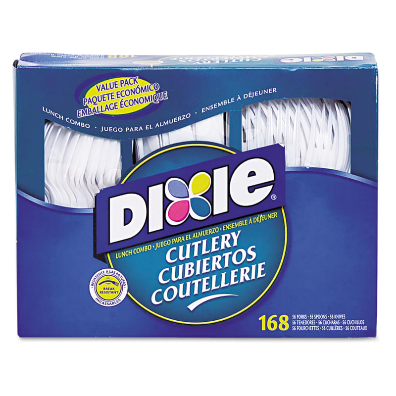 Dixie CM168 Combo Pack, Tray With White Plastic Utensils, 56 Forks, 56 Knives, 56 Spoons