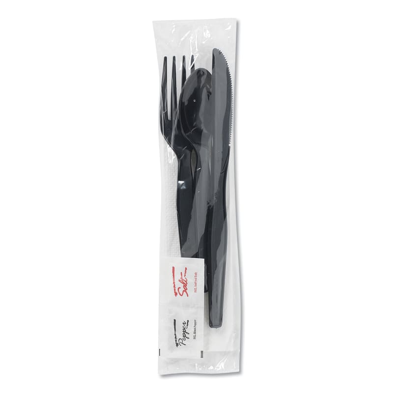 Dixie CH56NSPC7 Wrapped Tableware/Napkin Packets, Fork/Knife/Spoon/Napkin, Black, 250/Carton