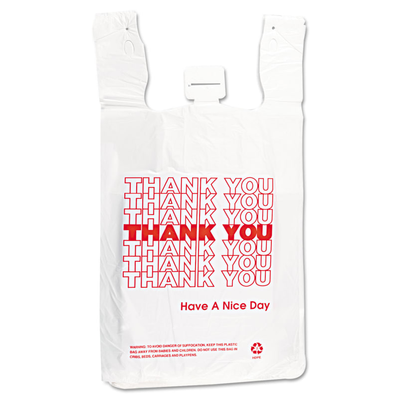 Inteplast Group THW2VAL HDPE T-Shirt Bags, Thank You - Have A Nice Day Labeling, Cut-Out Handles, 12" X 7" X 23", White/Red, 500/Carton
