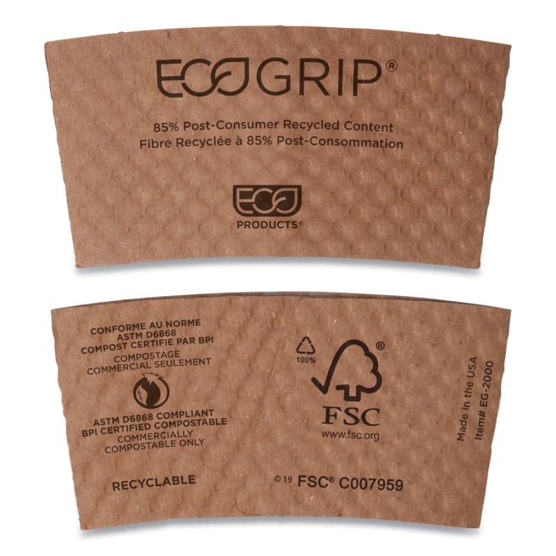 Eco-Products EG-2000 Ecogrip Hot Cup Sleeves - Renewable And Compostable, Fits 12, 16, 20, 24 Oz Cups, Kraft, 1,300/Carton