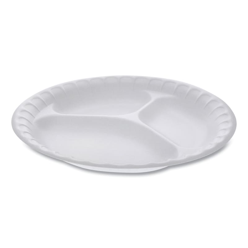 Pactiv Evergreen 0TH10011 Placesetter Satin Non-Laminated Foam Dinnerware, 3-Compartment Plate, 9" Dia, White, 500/Carton