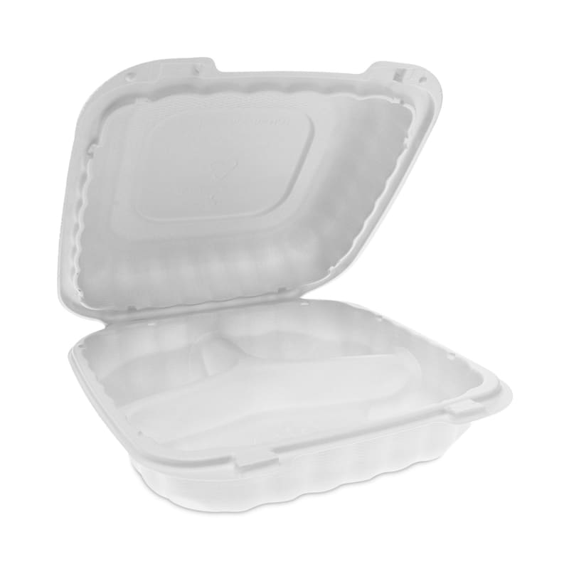 Pactiv Evergreen YCN808030000 Earthchoice Smartlock Microwavable MFPP Hinged Lid Container, 3-Compartment, 8.31 X 8.35 X 3.1, White, Plastic, 200/Carton