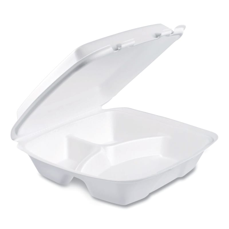 Dart 90HTPF3R Foam Hinged Lid Container, Performer Perforated Lid, 3-Compartment, 9 X 9 X 3, White, 100/Bag, 2 Bag/Carton