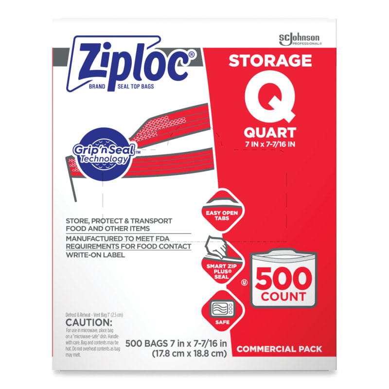 Ziploc 364899 Double Zipper Storage Bags, Quart, 7" X 7.75", Clear, 500/Box