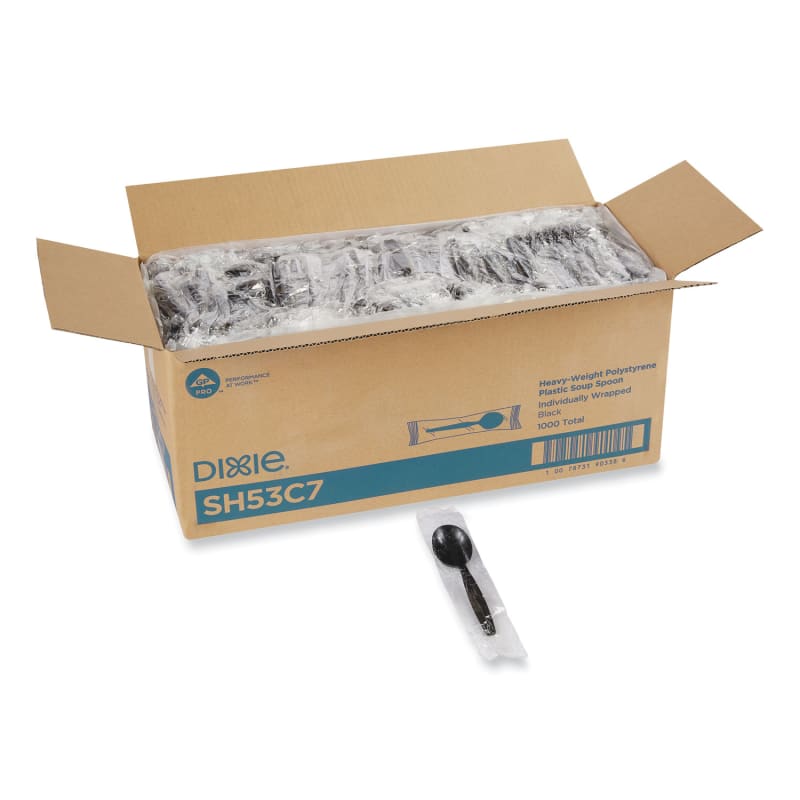 Dixie SH53C7 Individually Wrapped Heavyweight Soup Spoons, Polystyrene, Black, 1,000/Carton