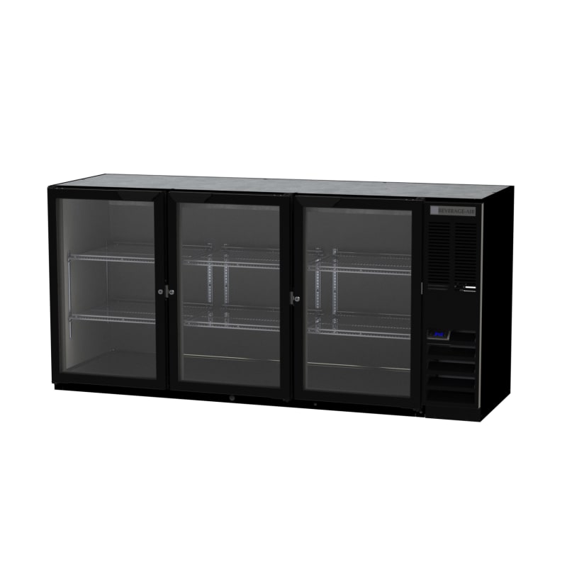 Beverage Air BB72HC-1-G-B 72" Black Underbar Height Back Bar Cooler with 3 Glass Swing Doors