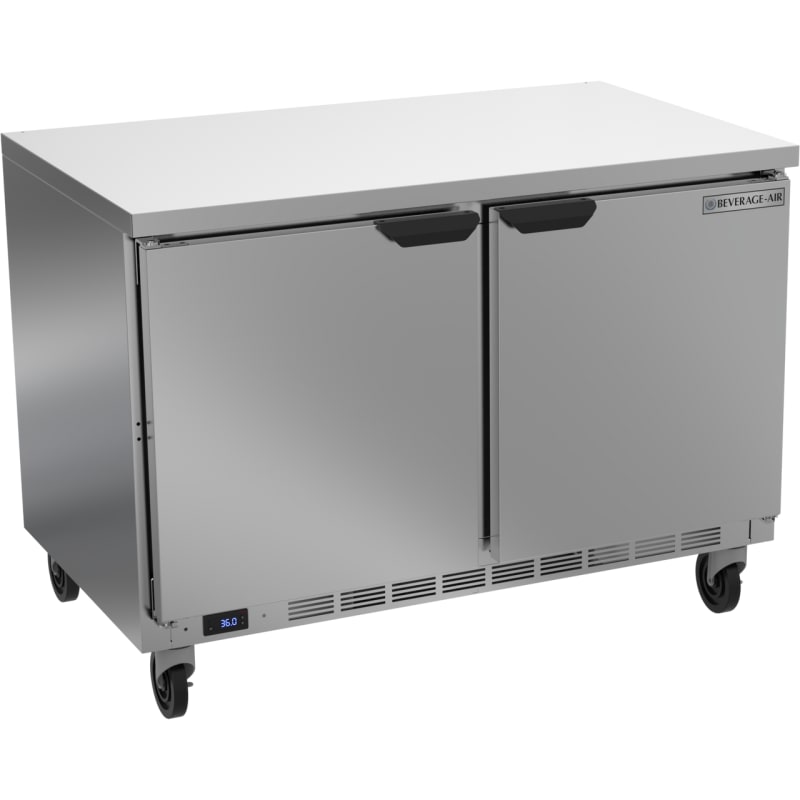Beverage Air WTR48AHC-FLT-23 48" 2-Door Worktop Refrigerator with Flat Top and 3" Casters