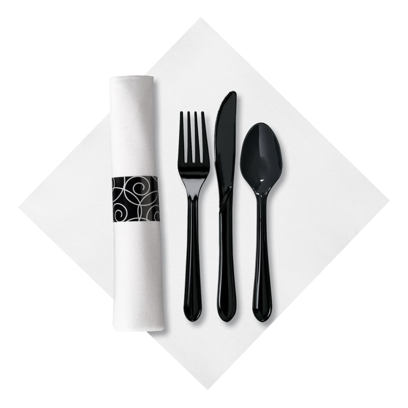 Hoffmaster 119971 CaterWrap FashionPoint Pre-Rolled White Dinner Napkin and Black Cutlery