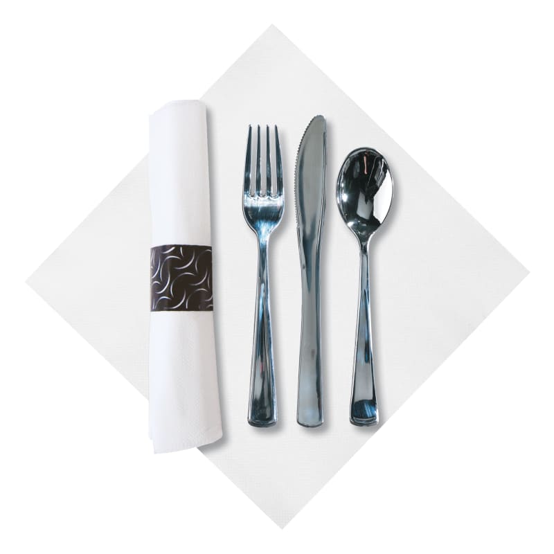 Hoffmaster 119979 CaterWrap FashionPoint Pre-Rolled White Dinner Napkin and Silver Cutlery