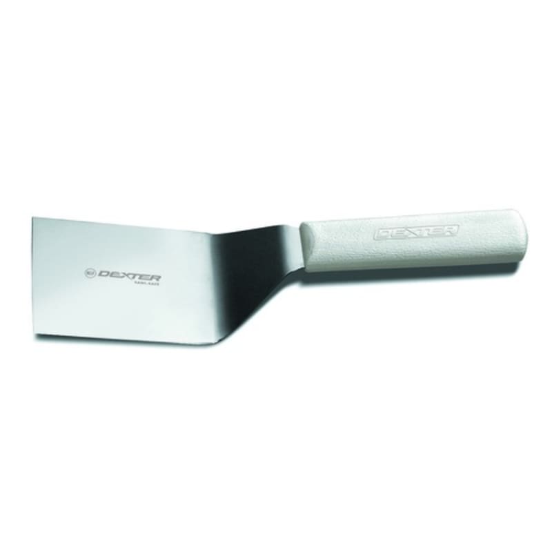 Dexter Russell S286-4PCP 19853 Sani-Safe Collection Beveled-Edge Solid 4" x 3" Stainless Steel Blade Hamburger Turner With White Textured Polypropylene Handle In Perfect Cutlery Packaging