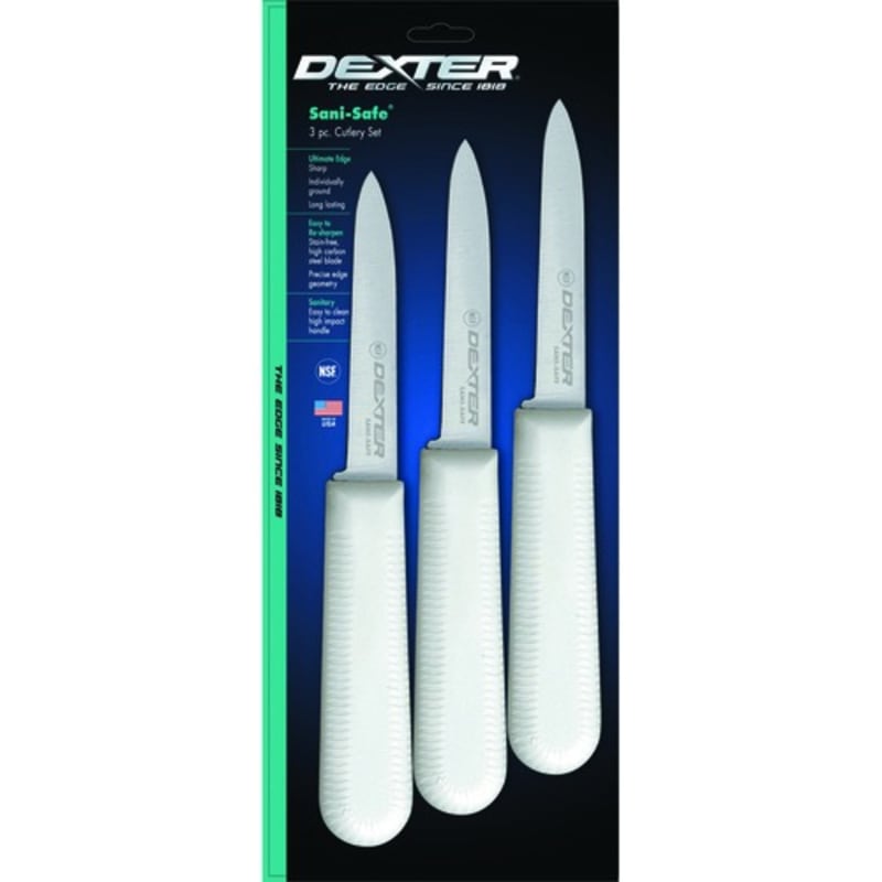 Dexter Russell S104-3PCP 15383 Sani-Safe 3.25 Inch High Carbon Steel Cook Style Paring Knives With Textured White Handle