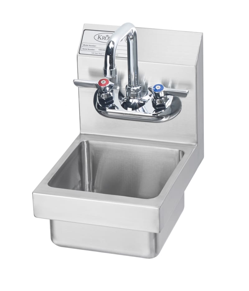 Krowne HS-1 9" Wide Wall Mount Hand Sink With Wall Mount Faucet; 8" X 8" X 5" Bowl, 1.5" Drain