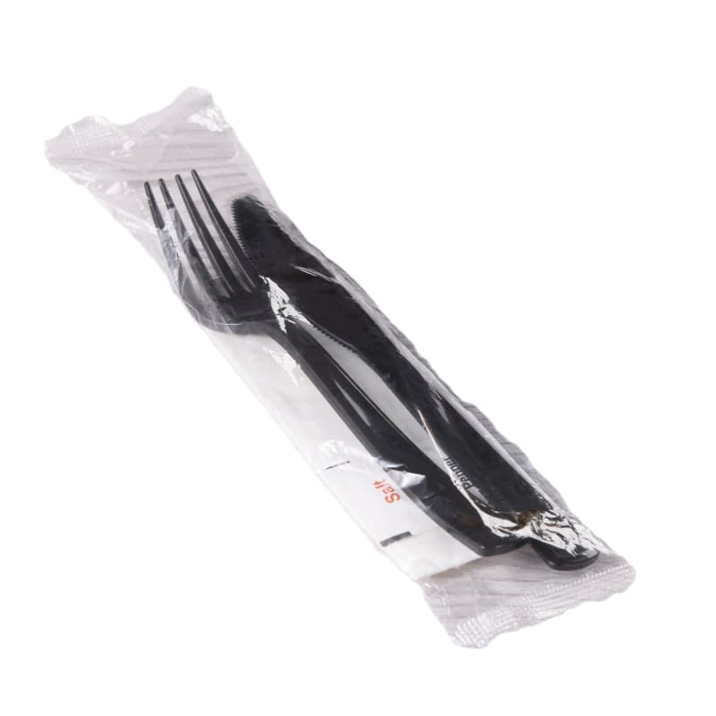 Sabert CBMFKNPP Wrapped Black Medium-Weight Cutlery Kit: Fork, Knife, Napkin, Salt and Pepper