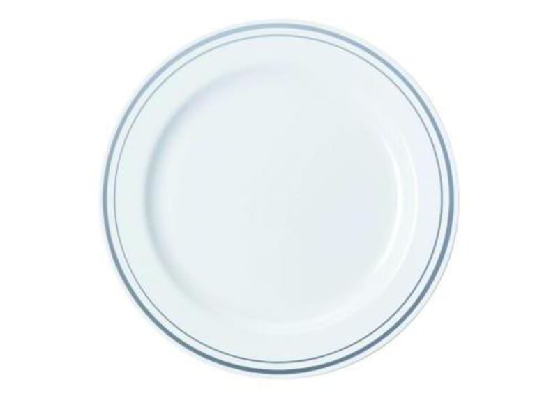 Sabert 6IMP144S White 6" Round Plate with Silver Decorative Rings