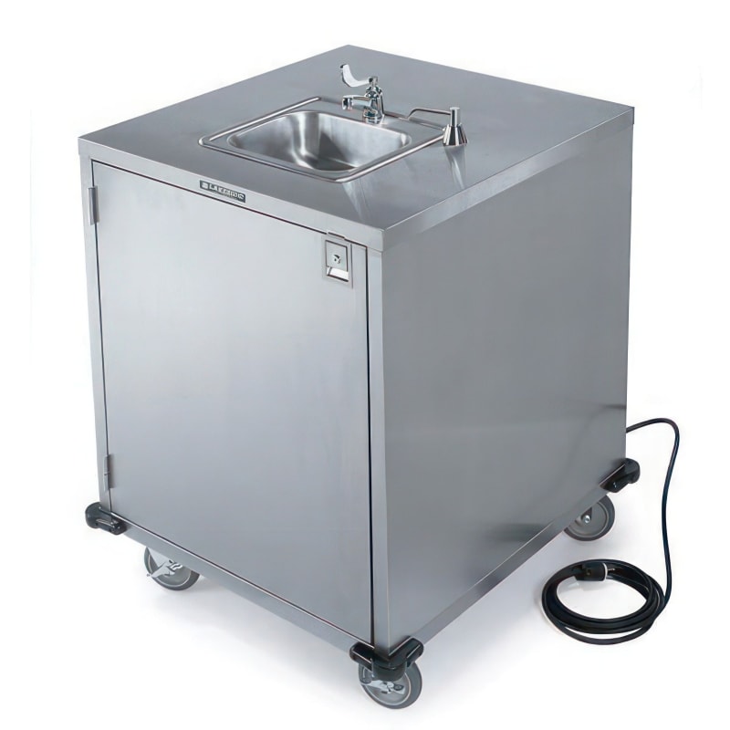 Lakeside Manufacturing 9600W Hand Washing Station with (1) 10" x 12" x 5" Sink Bowl, Cold Faucet, 5 Gallon Capacity, Walnut Vinyl Finish