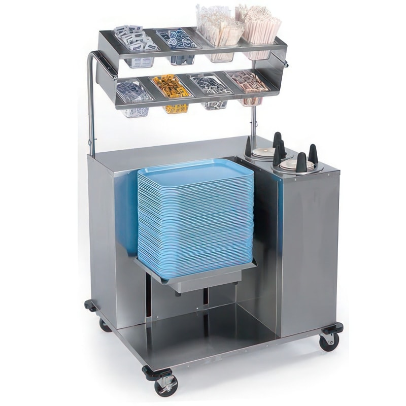 Lakeside Manufacturing 2620 Mobile Tray Starter Station with (2) Plate Dispensers, (1) Cantilever Tray Dispenser, (2) Angled Overshelves with Pan Cutouts, NSF