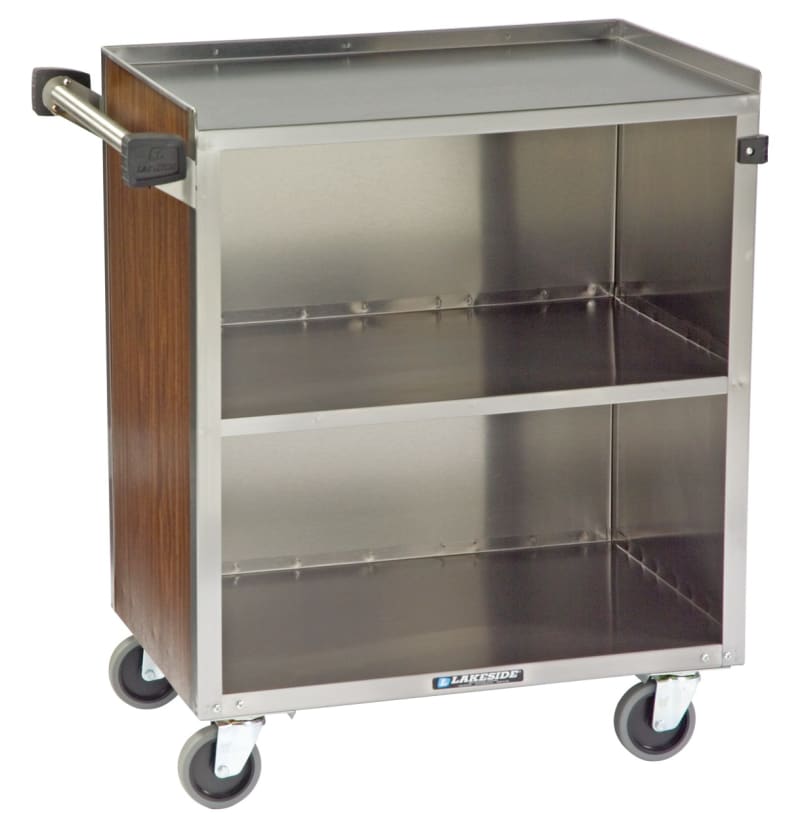 Lakeside Manufacturing 622HRM Enclosed Bussing Cart, Stainless Steel, 3 Shelf: 18" x 27", 500-Lb. Capacity, Hard Rock Maple Laminate Finish