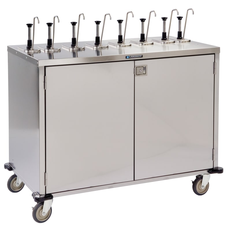 Lakeside Manufacturing 70201HRM E-Z Serve Mobile Condiment Cart with (8) Flat Top Pumps, (4) Product Dispensers, Hard Rock Maple Laminate Finish