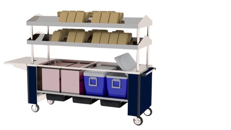 Lakeside Manufacturing 159518 Lunch-Time Mobile Meal Transport Cart, (2) Double-Sided Slanted Overhead Shelves, (3) Sets of Channel Slides for 12" x 20" Bus Tubs